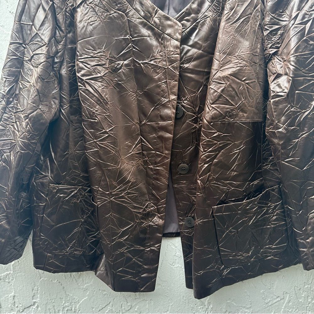 LAFAYETTE 148 Jacket Women Size 20 Crushed Crinkle Collarless Pockets Brown - Picture 3 of 9